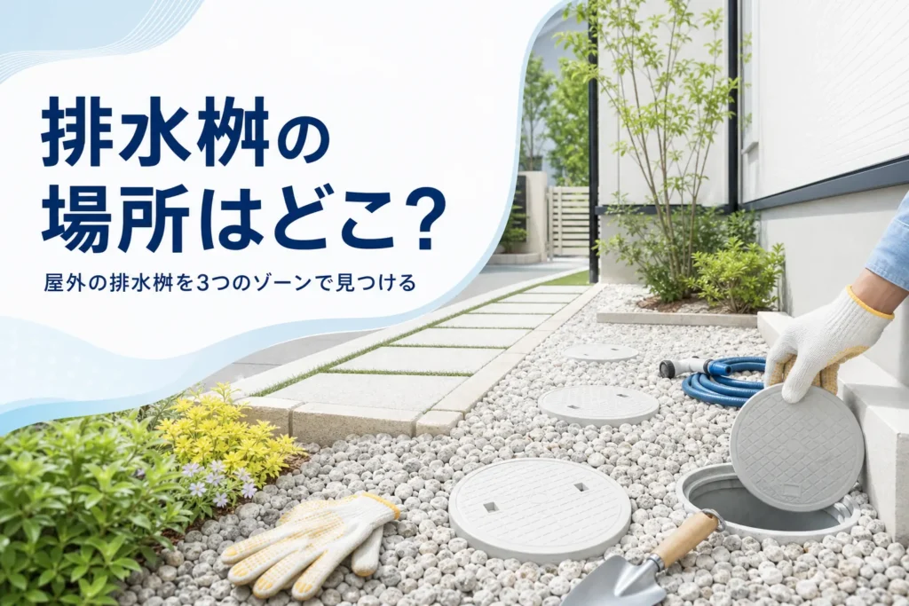 戸建ての屋外にある排水桝の場所と見つけ方を解説する記事のアイキャッチ