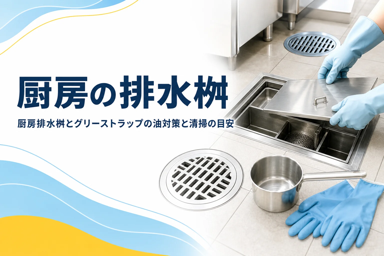 厨房の排水桝とグリーストラップの油対策と清掃の目安を解説する記事のアイキャッチ