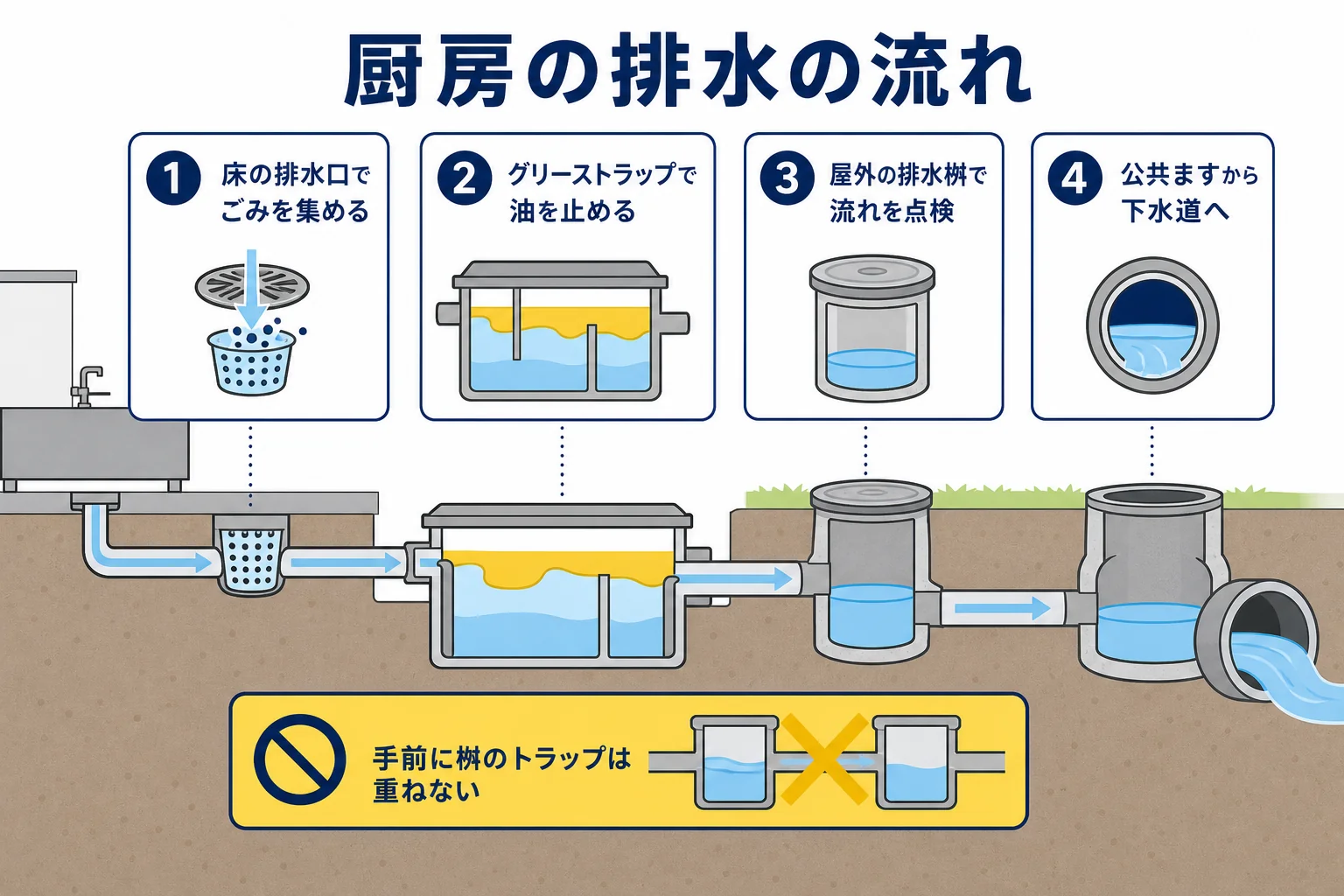 厨房の排水が、床の排水口からグリーストラップで油を止め、屋外の排水桝を通って公共ますへ流れる順番を示した図解