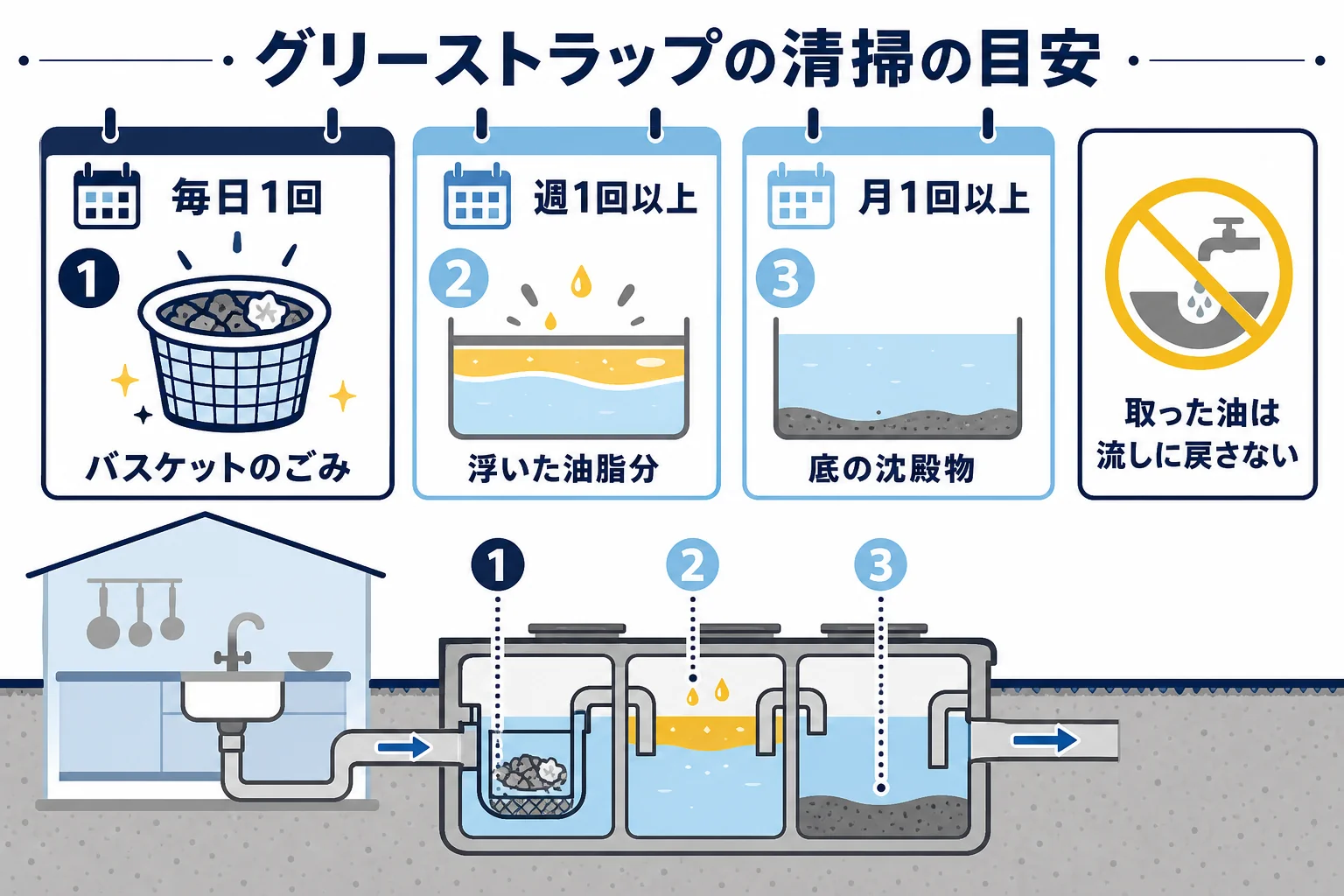 グリーストラップの清掃を、毎日・週1回以上・月1回以上の3つの頻度に分けて示した図解