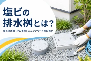 塩ビの排水桝（小口径桝）とコンクリート桝の違いを解説する記事のアイキャッチ