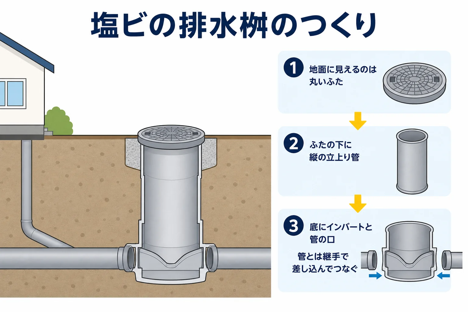 塩ビの排水桝（小口径桝）の、丸いふた・縦に伸びる立上り管・底のインバートと管のつながりを示した図解