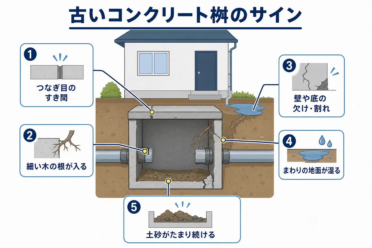 古いコンクリート桝で起きやすい、つなぎ目のすき間・木の根の侵入・欠けや割れ・水漏れ・土砂の流れ込みのサインと対処を判定する図解