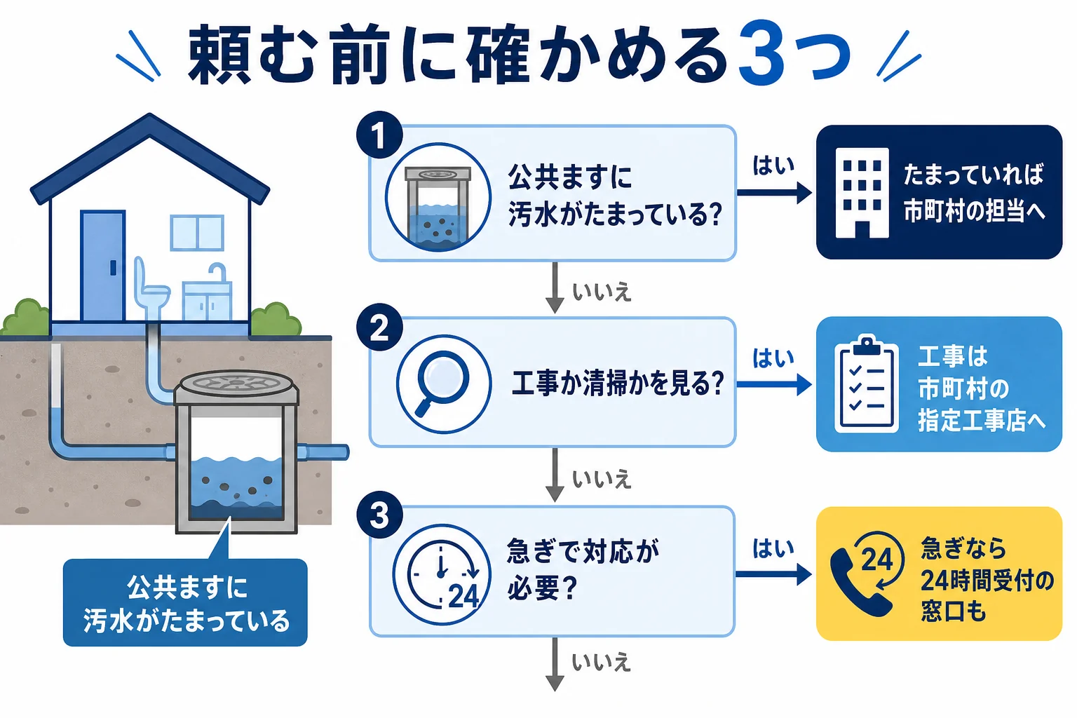 排水桝の修理を頼む前に、公共ますの状態・工事か清掃か・急ぎかどうかの3つを順に確かめて連絡先を決める流れを示した図解