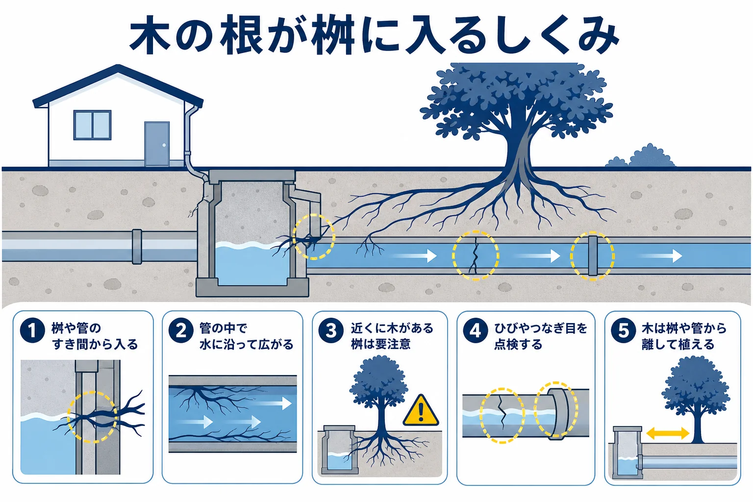 排水桝の継ぎ目やひびのすき間から木の根が入り込み、管の中に広がっていく様子と、根が入りやすい条件を示した図解