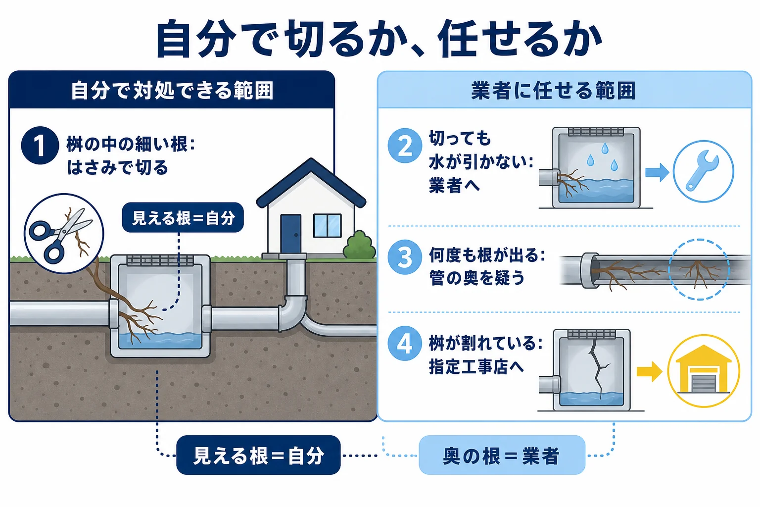 排水桝の中に入った木の根を、自分で切れる範囲と業者に任せる範囲に分けて示した図解