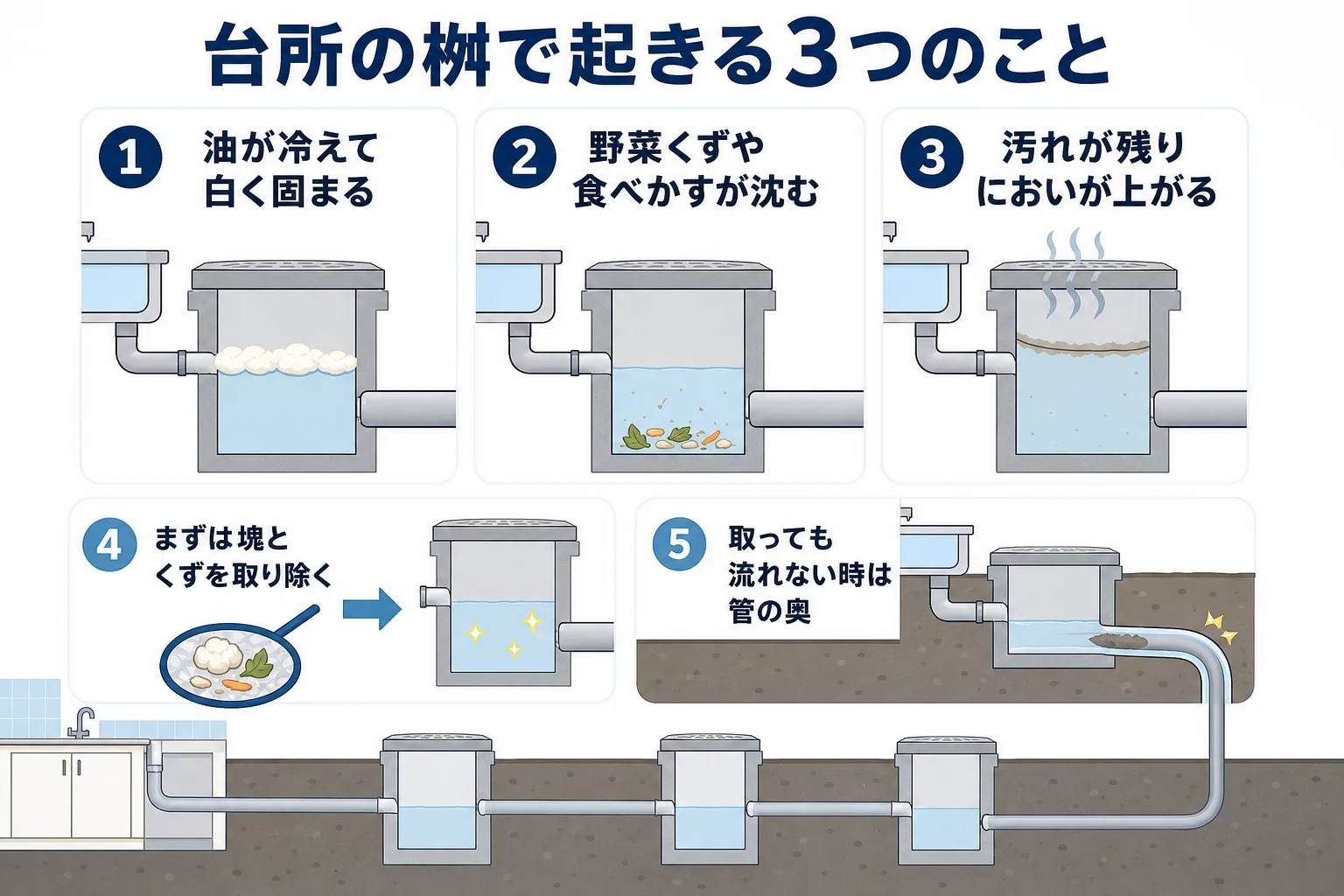 台所の外の排水桝で起きる、油が固まる・くずがたまる・においが上がるの3つを、見た目と家の中のサインで分けた図解