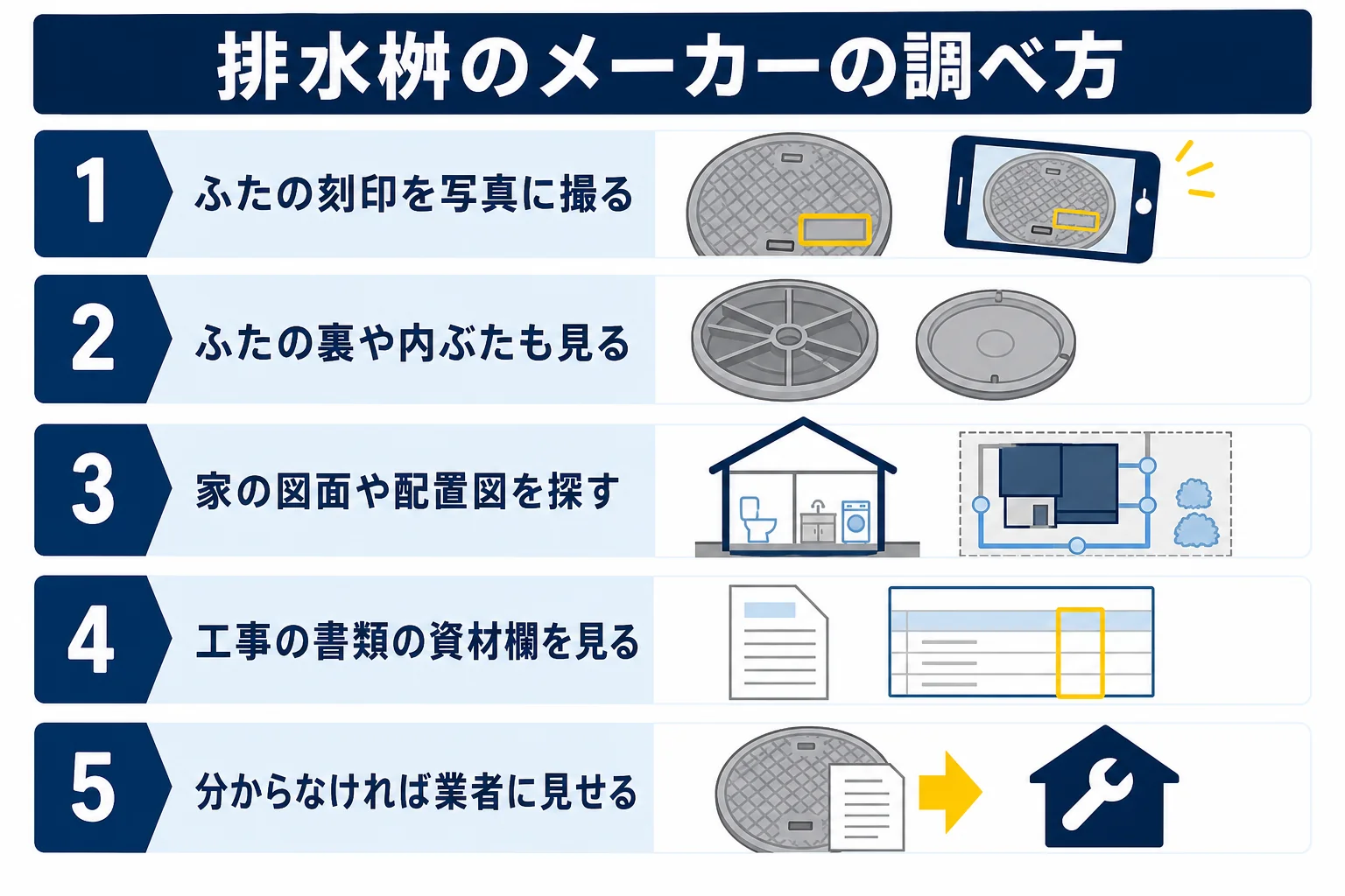 自分の家の排水桝のメーカーを、ふたの刻印・家の図面・工事の書類の3つから順に調べる手順の図解