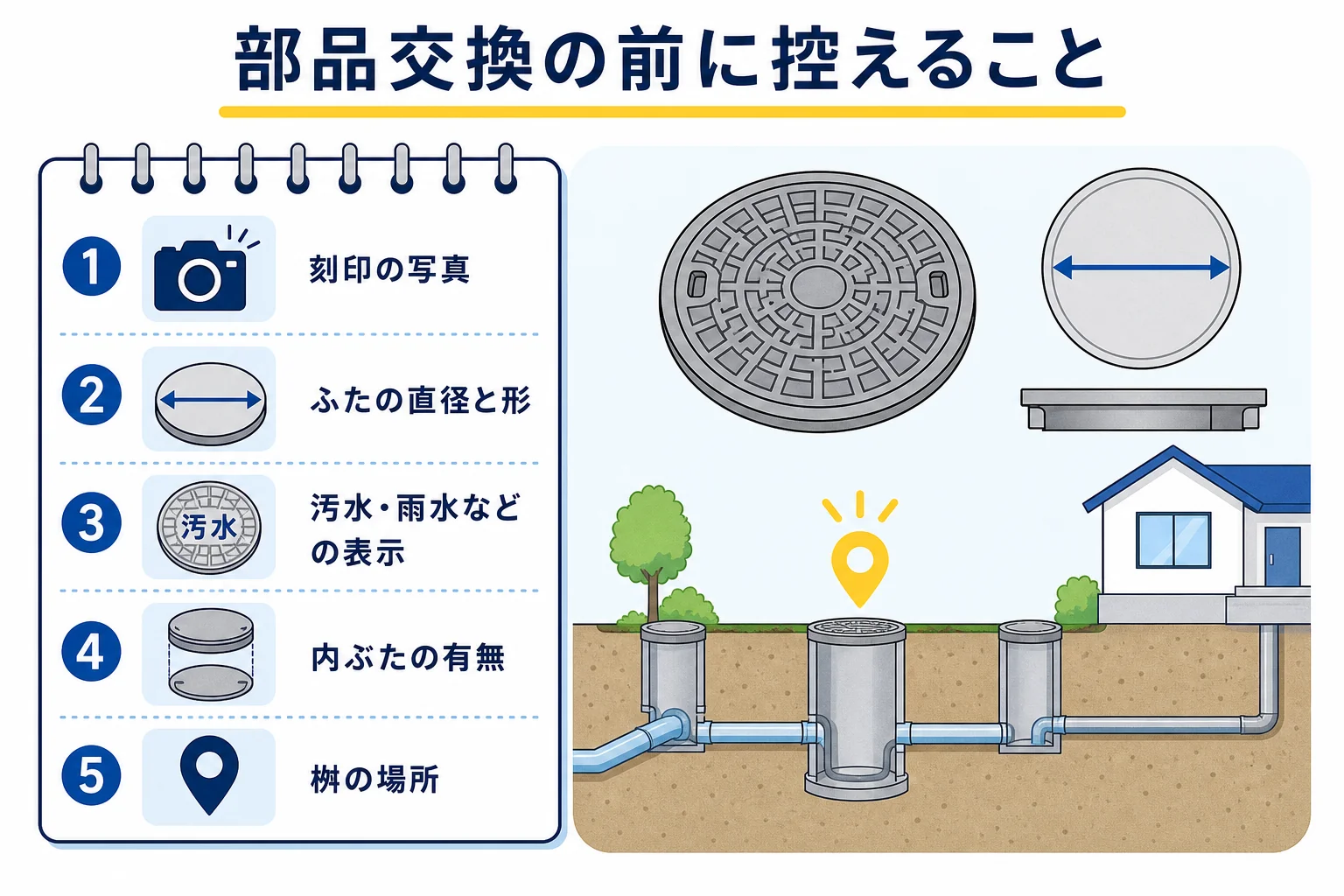 排水桝のふたの刻印・直径・形・表示を控えて、業者に相談する時のメモの図解