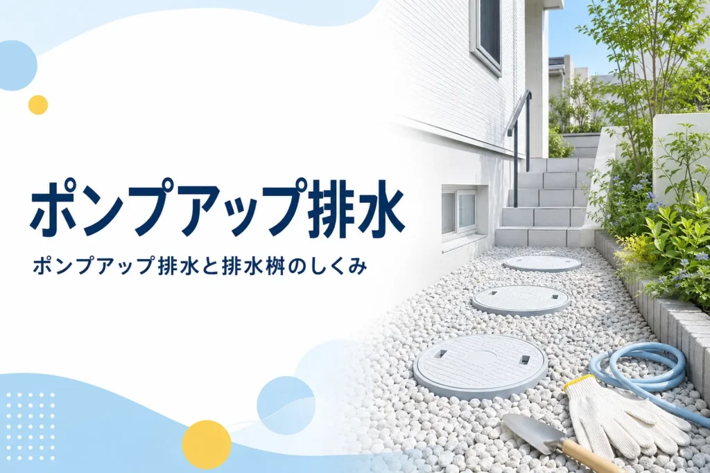 ポンプアップ排水と排水桝のしくみを、地下室や低い土地の排水の流れで解説する記事のアイキャッチ