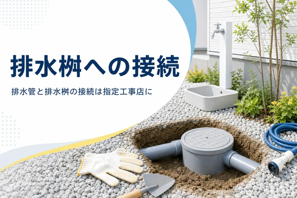 排水管と排水桝の接続と、立水栓の排水をつなぐ時の注意点を解説する記事のアイキャッチ