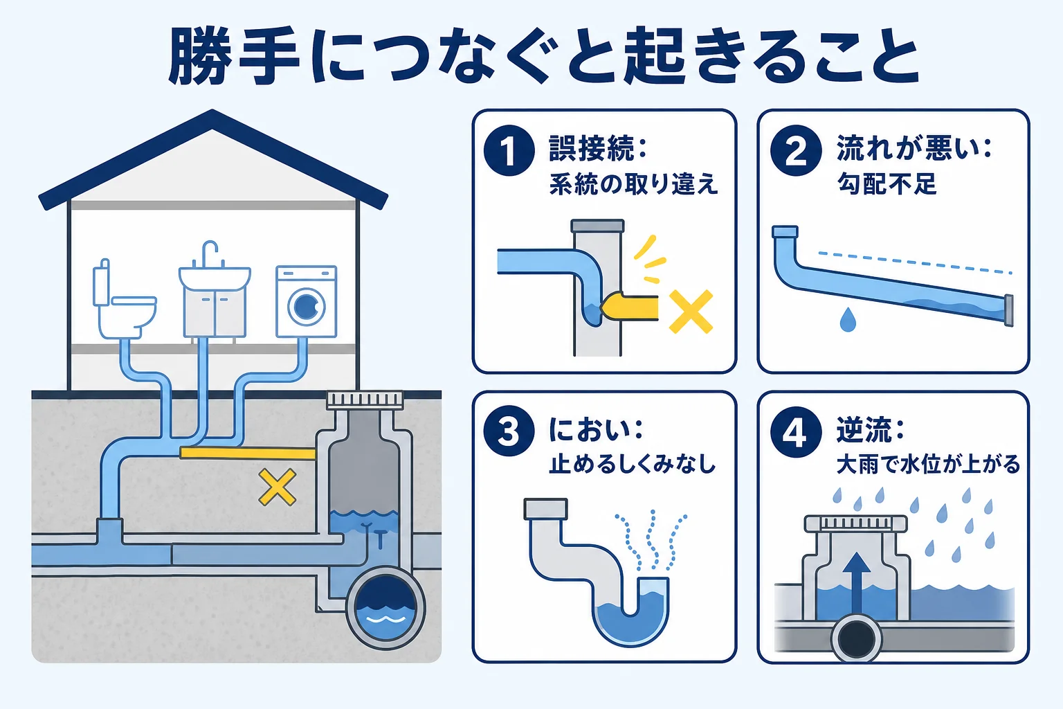 排水管を自己流で排水桝につないだ時に起きやすい誤接続・流れの悪さ・におい・逆流の4つを並べた図解