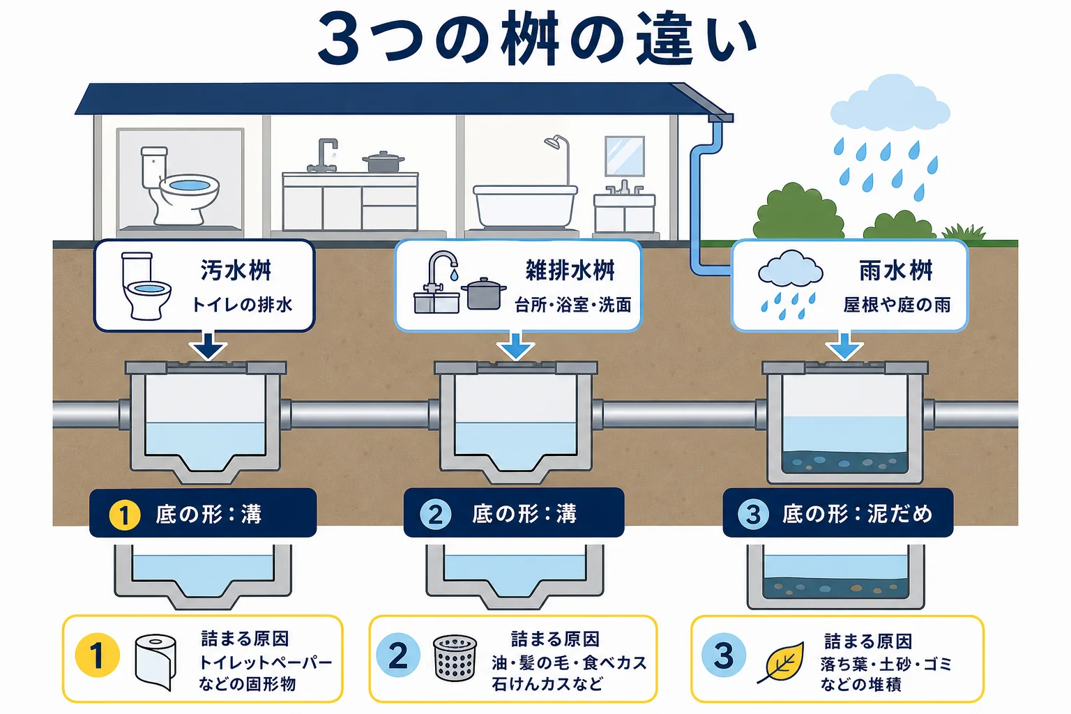 汚水桝・雑排水桝・雨水桝を、流れてくる水・底の形・つながる先・詰まりやすい原因の4つで比べた図解