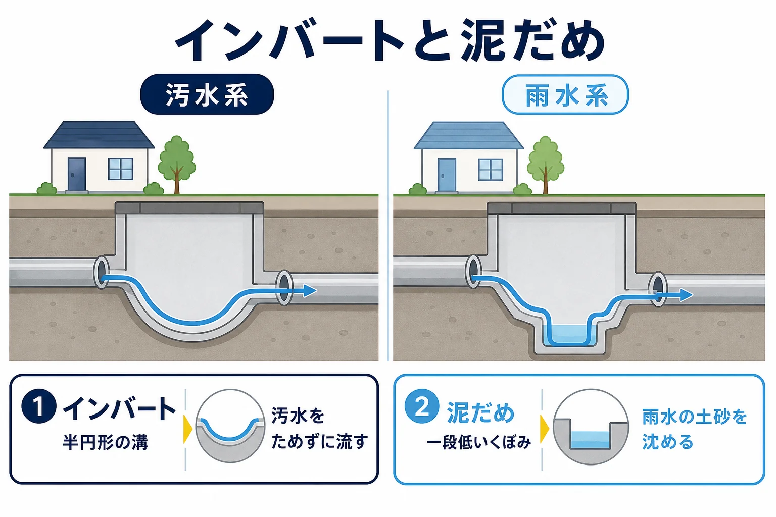 汚水桝の底にある半円形の溝のインバートと、雨水桝の底にある土砂をためる泥だめの違いを断面で示した図解