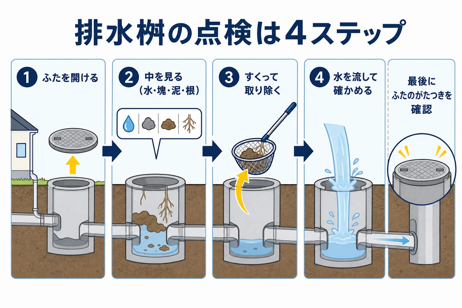 排水桝の年1回の点検を、ふたを開ける・中を見る・取り除く・流して確かめるの4ステップで示した図解
