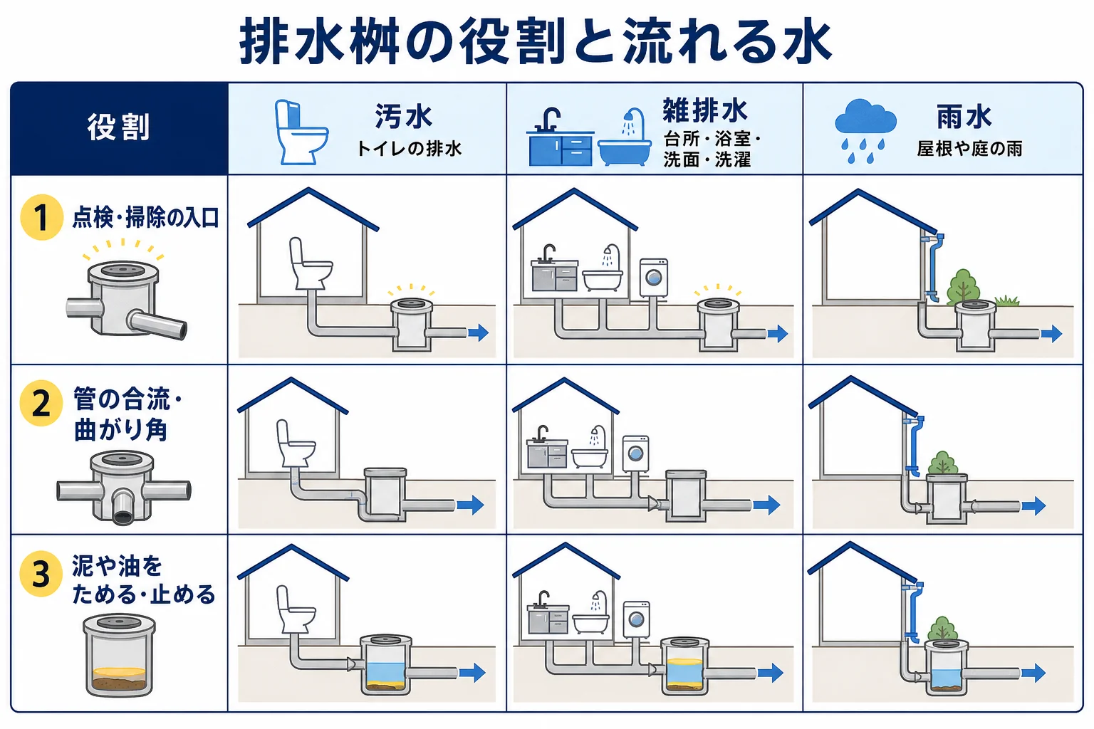 排水桝の役割を、点検・掃除の入口、管の合流と曲がり角、ためる・止めるの3つと、汚水・雑排水・雨水の3つの流れる水で見比べた図解