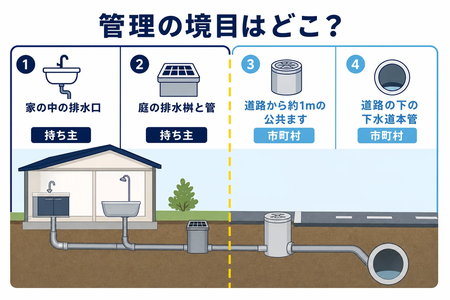 宅地内の排水桝と管は持ち主の管理、敷地の出口にある公共ますから道路の下水道本管までは市町村の管理という境目を示した図解