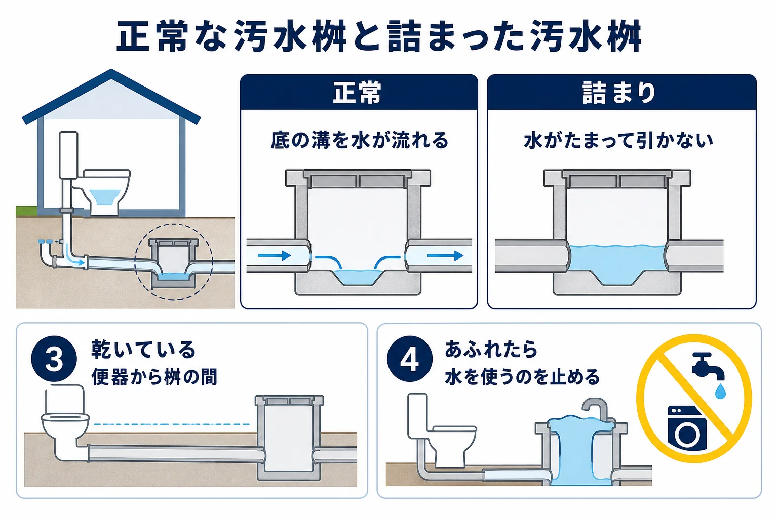屋外の汚水桝のふたを開けて、中に水がたまっていないかを確かめる場面の図解