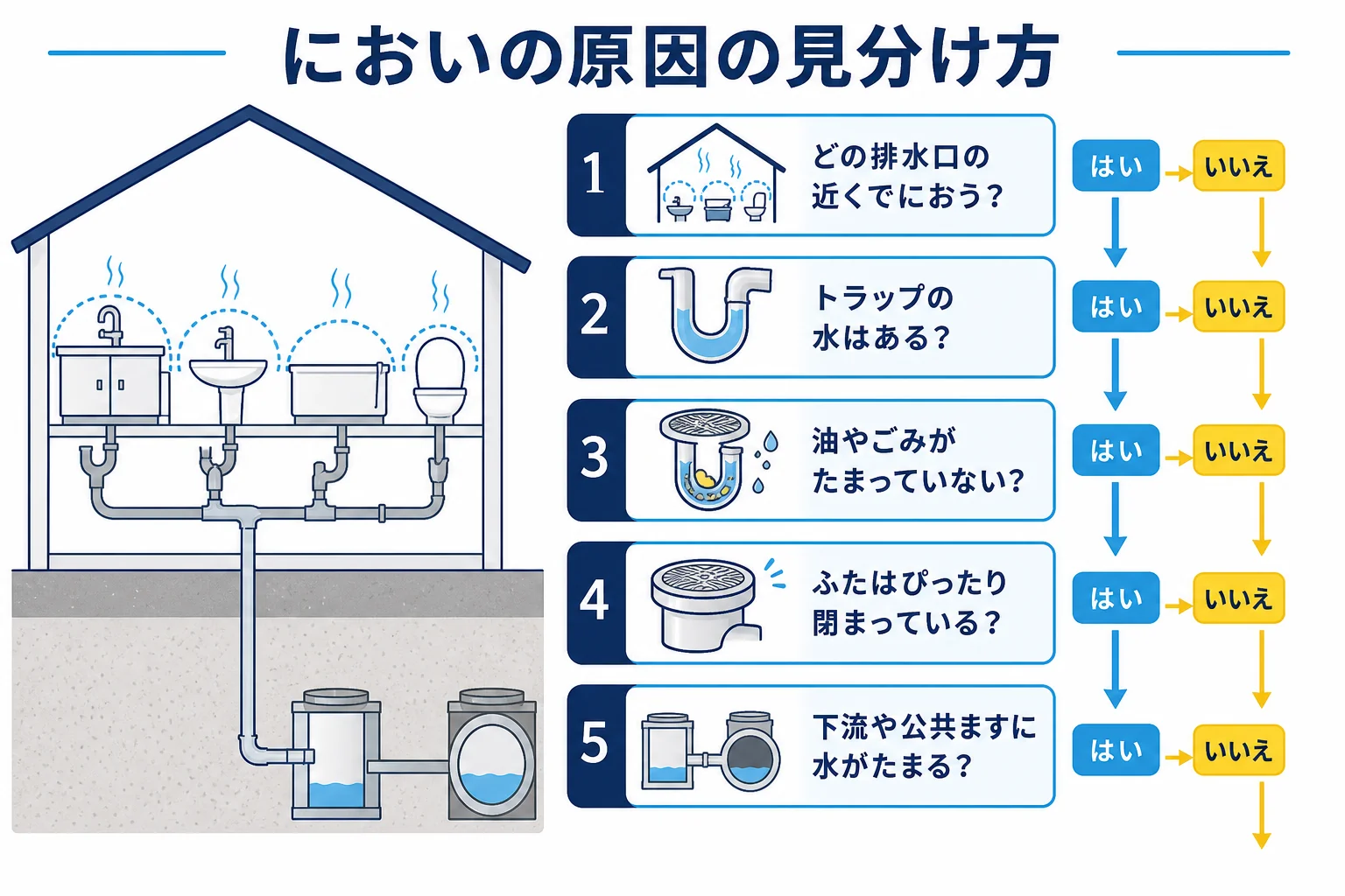 下水のにおいがする時に、においの場所、トラップの水の有無、たまった物、流れの様子の順に原因を見分ける判定表の図解