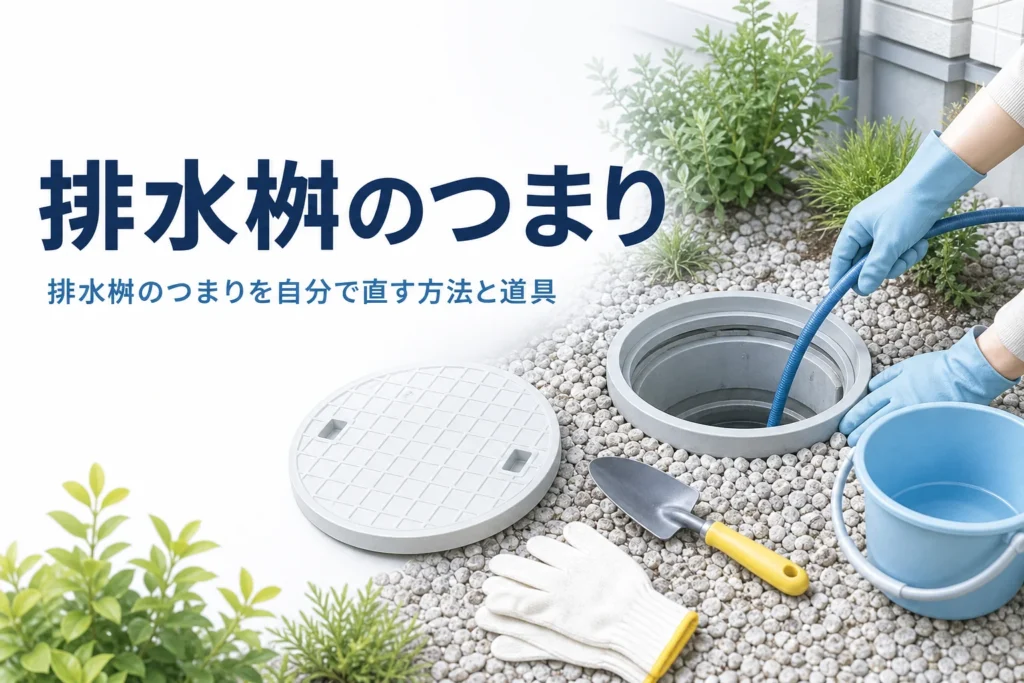 排水桝のつまりを自分で直す方法と道具、やってはいけないことを解説する記事のアイキャッチ