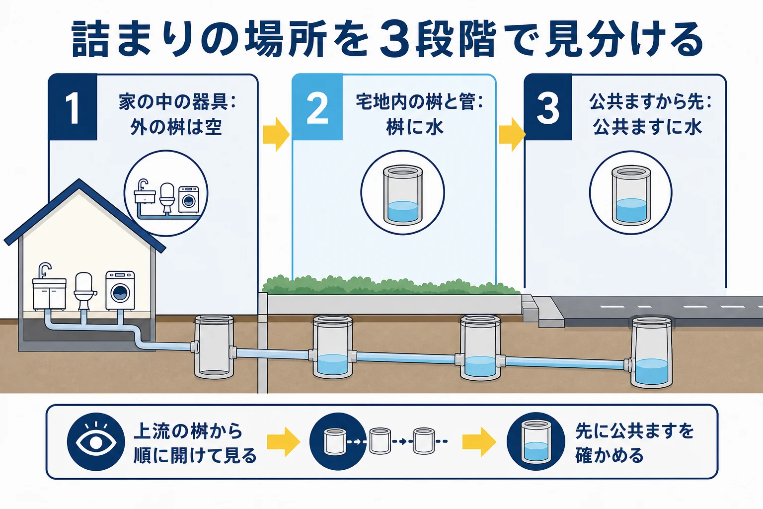 排水桝のつまりを、家の中の器具・宅地内の桝と管・公共ますから先の3段階に分け、水がどこまでたまっているかで判定する流れの図解