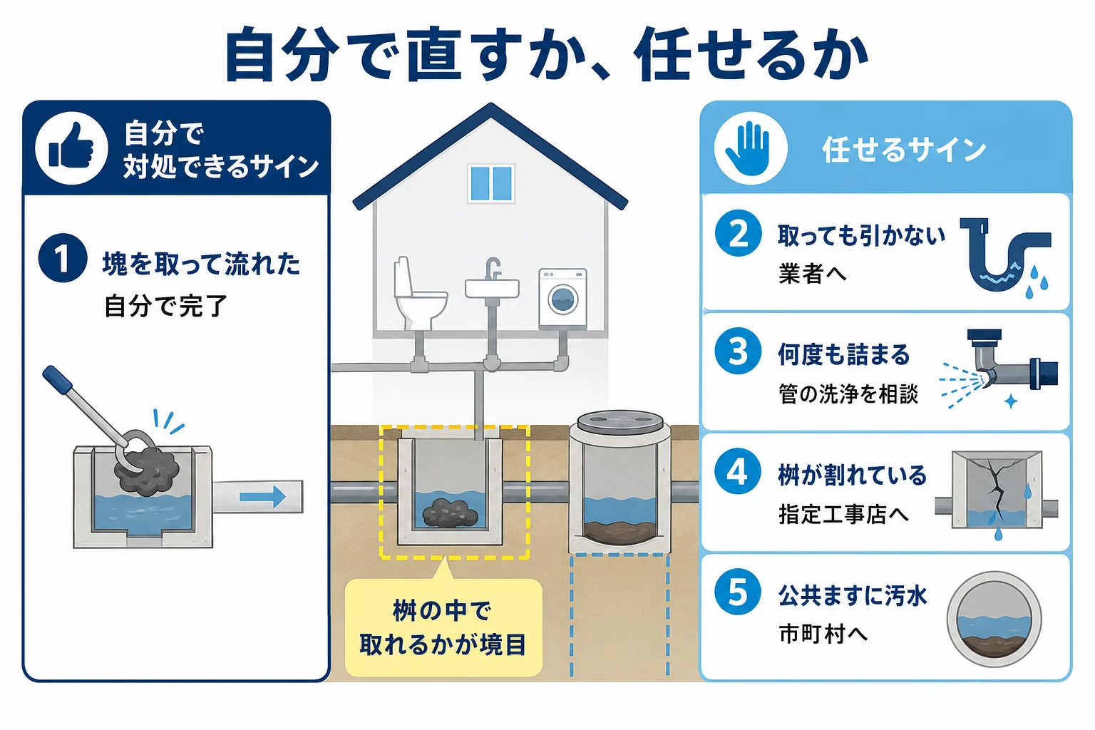 排水桝のつまりで、自分で対処できるサインと業者や市町村に任せるサインを分けた判定表の図解